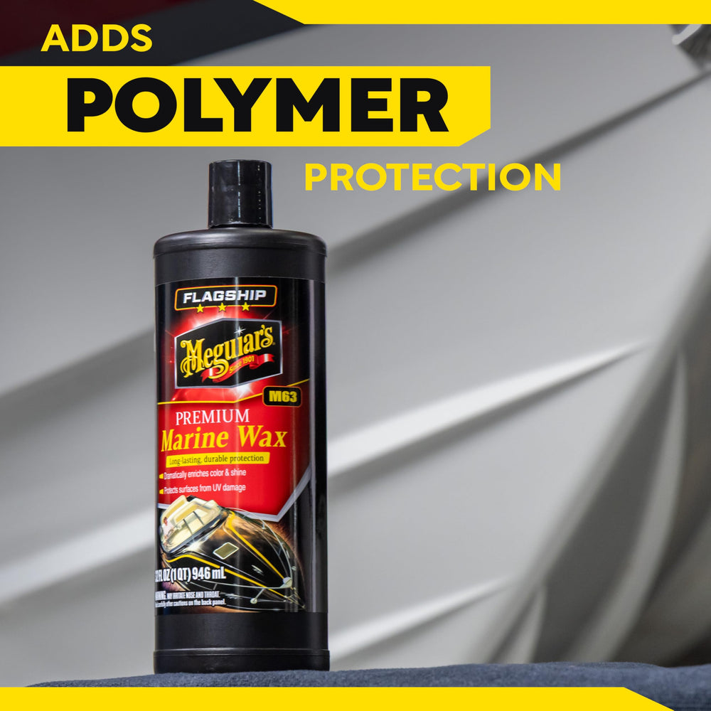 Meguiar's Flagship Marine Wax protects gel coat from sun, salt, and water.