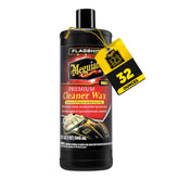 Meguiar's Flagship cleaner wax bottle pour showing quick one-step defect removal and gloss