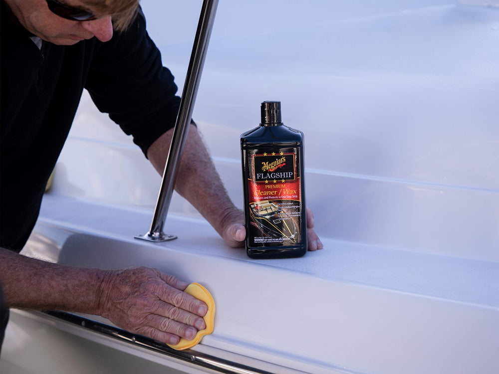 Close-up of Meguiar's Flagship on fiberglass showing deep, reflective gloss