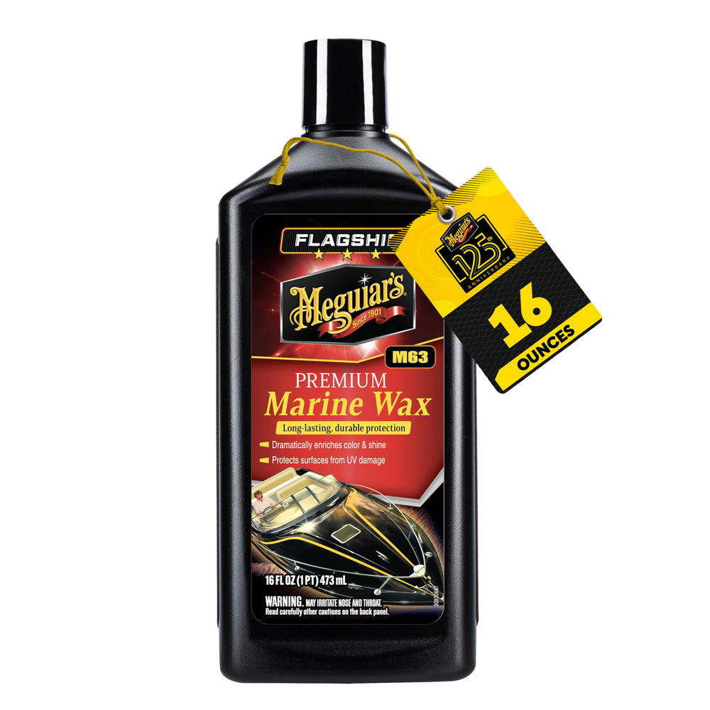 Meguiar's Flagship Premium Marine Wax bottle protects fiberglass and gel coat with a durable shine.