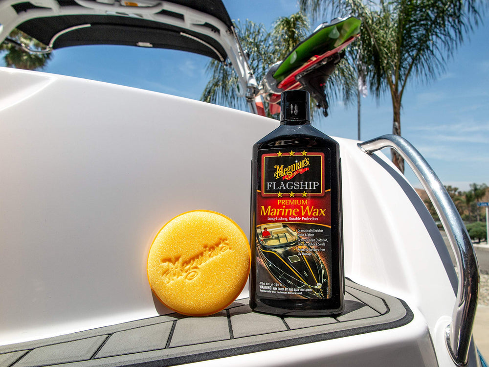 Meguiar's Flagship Premium Marine Wax UV-protection highlights shield against sun exposure.