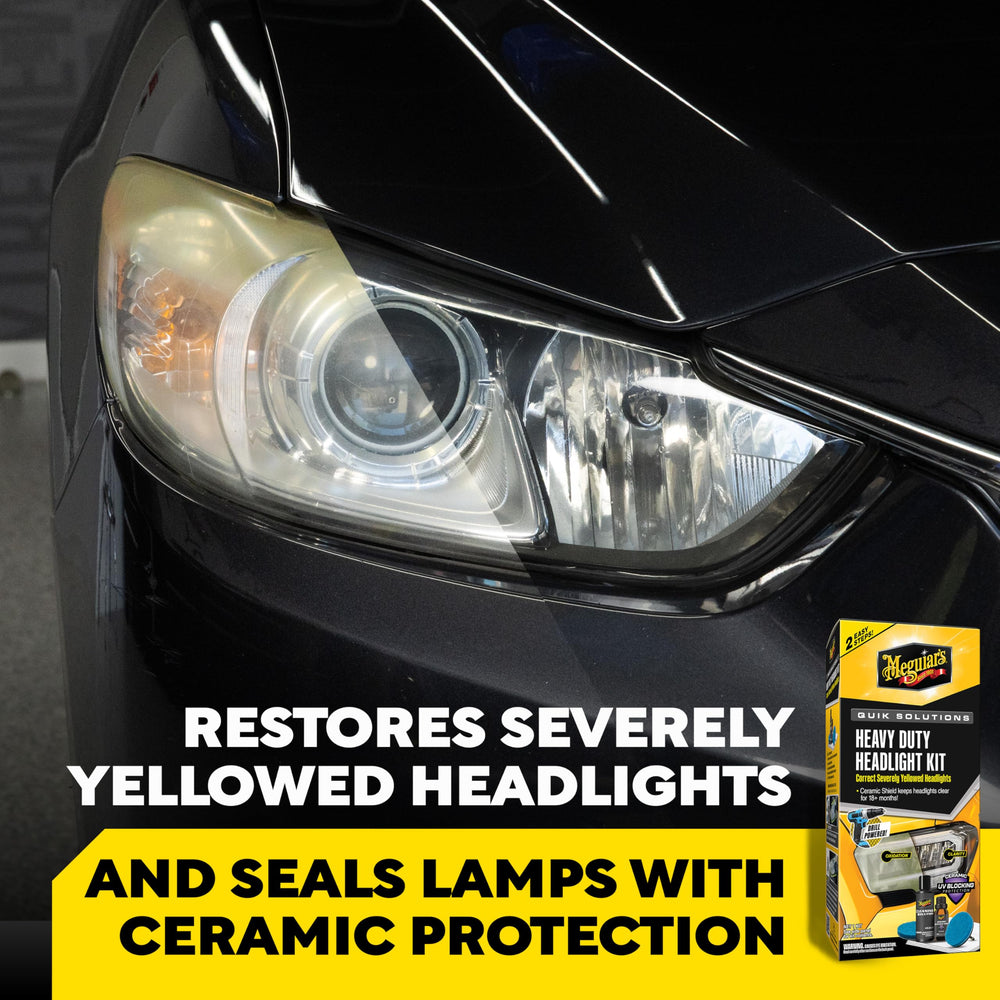 Meguiar's headlight kit cleaning solution removes oxidation for clarity