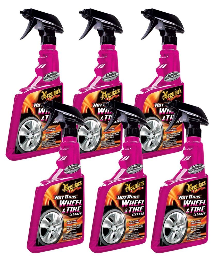 Meguiar's Hot Rims cleaner with Xtreme Cling foam removes brake dust from wheels and tires.