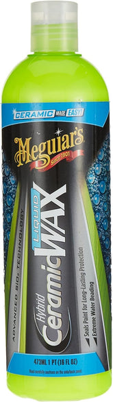Meguiar's Hybrid Ceramic Liquid Wax bottle provides durable paint protection and shine.
