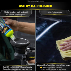 Meguiar's Hybrid Ceramic Liquid Wax on vehicle panel enhances gloss and water beading.