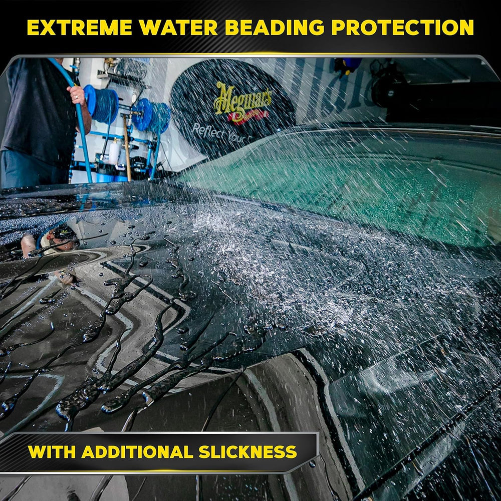 Meguiar's Hybrid Ceramic Liquid Wax water beading closeup shows hydrophobic surface effect.