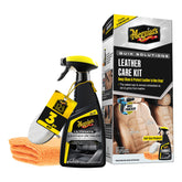 Meguiar's Leather Care Kit bottle close-up showing premium cleaner for spotless leather