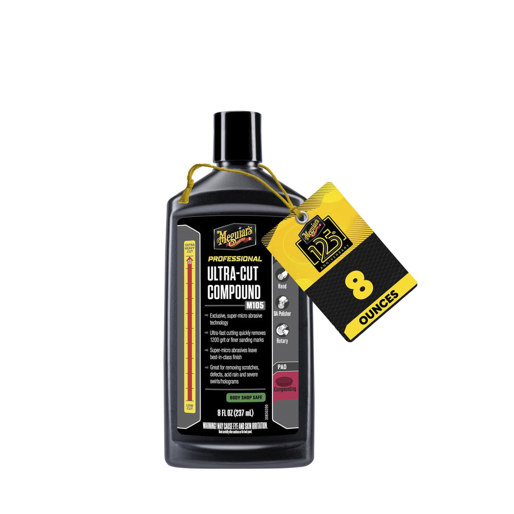 Meguiar's M105 Ultra-Cut Compound bottle ready for heavy defect removal on paint