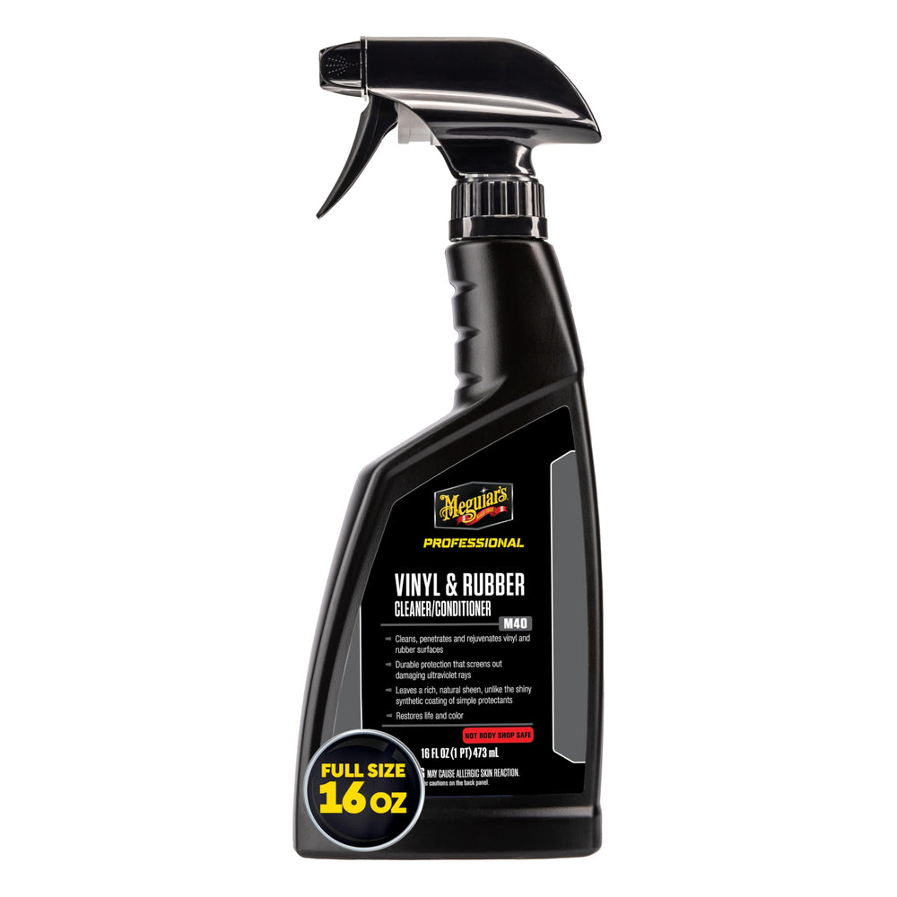 Meguiar's M40 spray bottle applying vinyl and rubber cleaner to restore interior and exterior trim