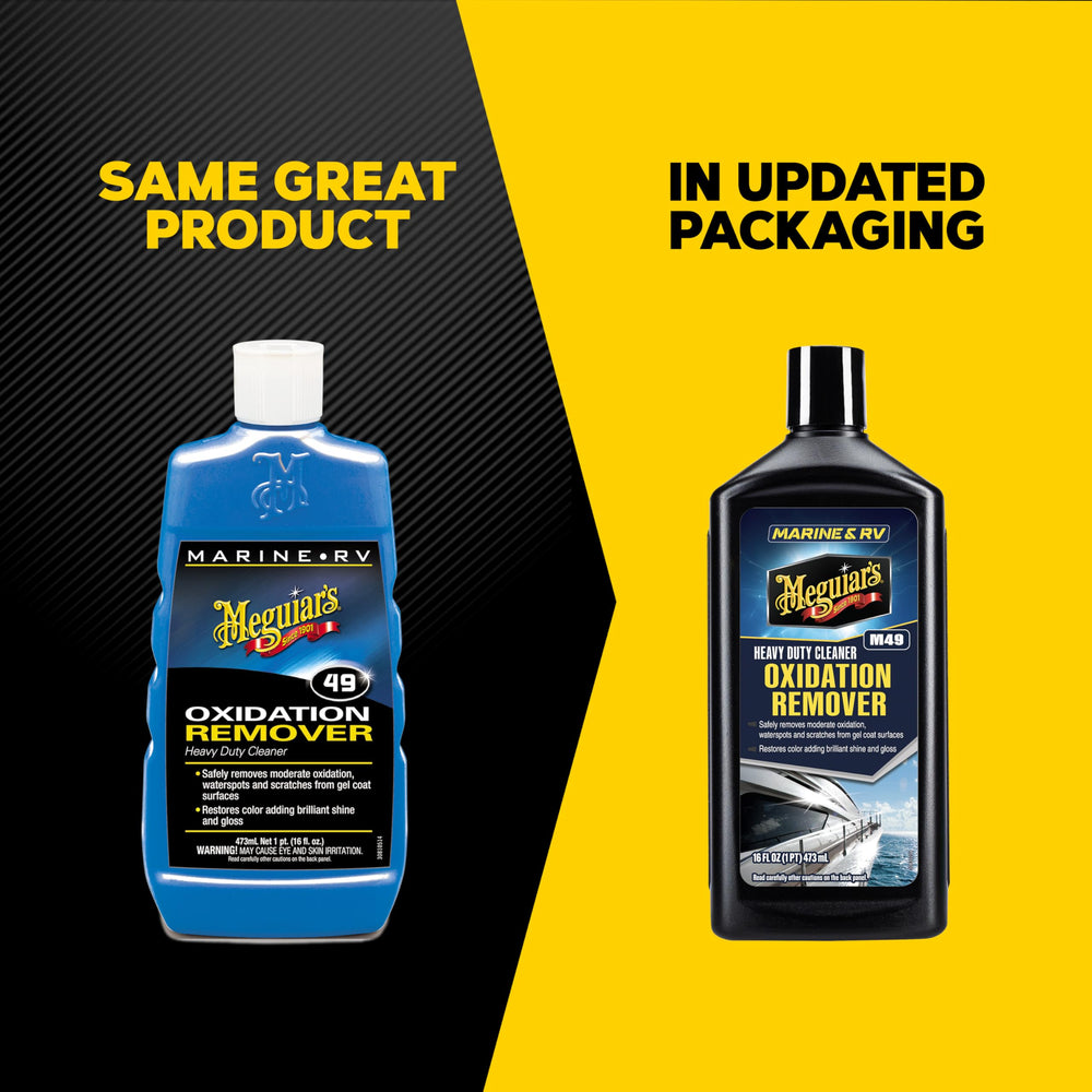 Meguiar's Marine/RV Heavy Duty Oxidation Remover label close-up highlights product name.