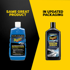 Meguiar's Marine/RV Heavy Duty Oxidation Remover label close-up highlights product name.