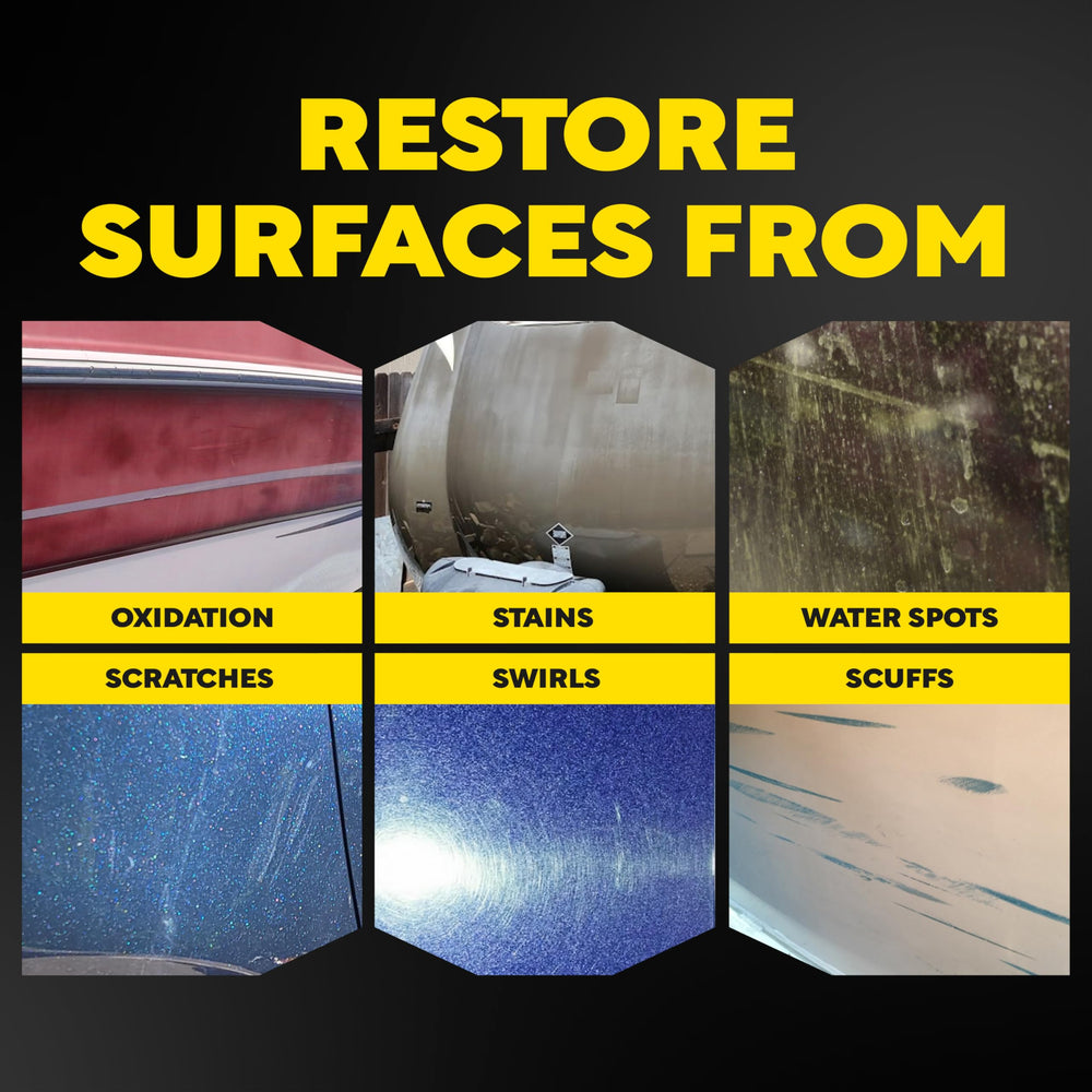 Meguiar's Oxidation Remover after treatment on fiberglass shows revived luster.