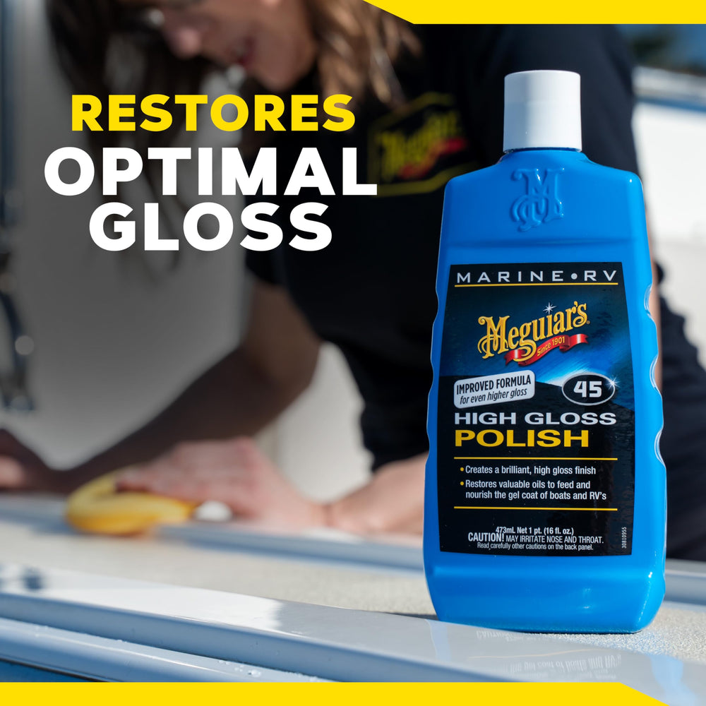 Meguiar's Marine/RV High Gloss Polish depth boost delivers showroom-like luster.