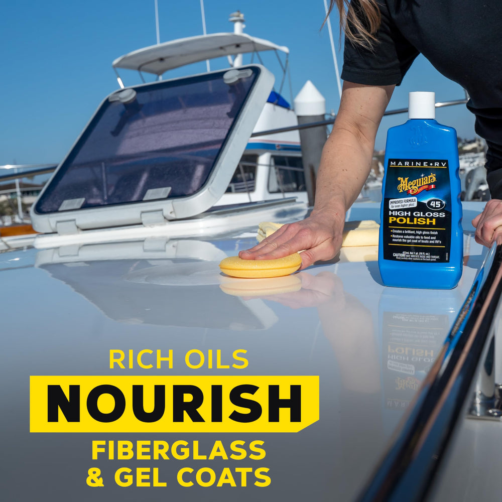 Meguiar's Marine/RV High Gloss Polish fiberglass surface renewal with rich lasting gloss.