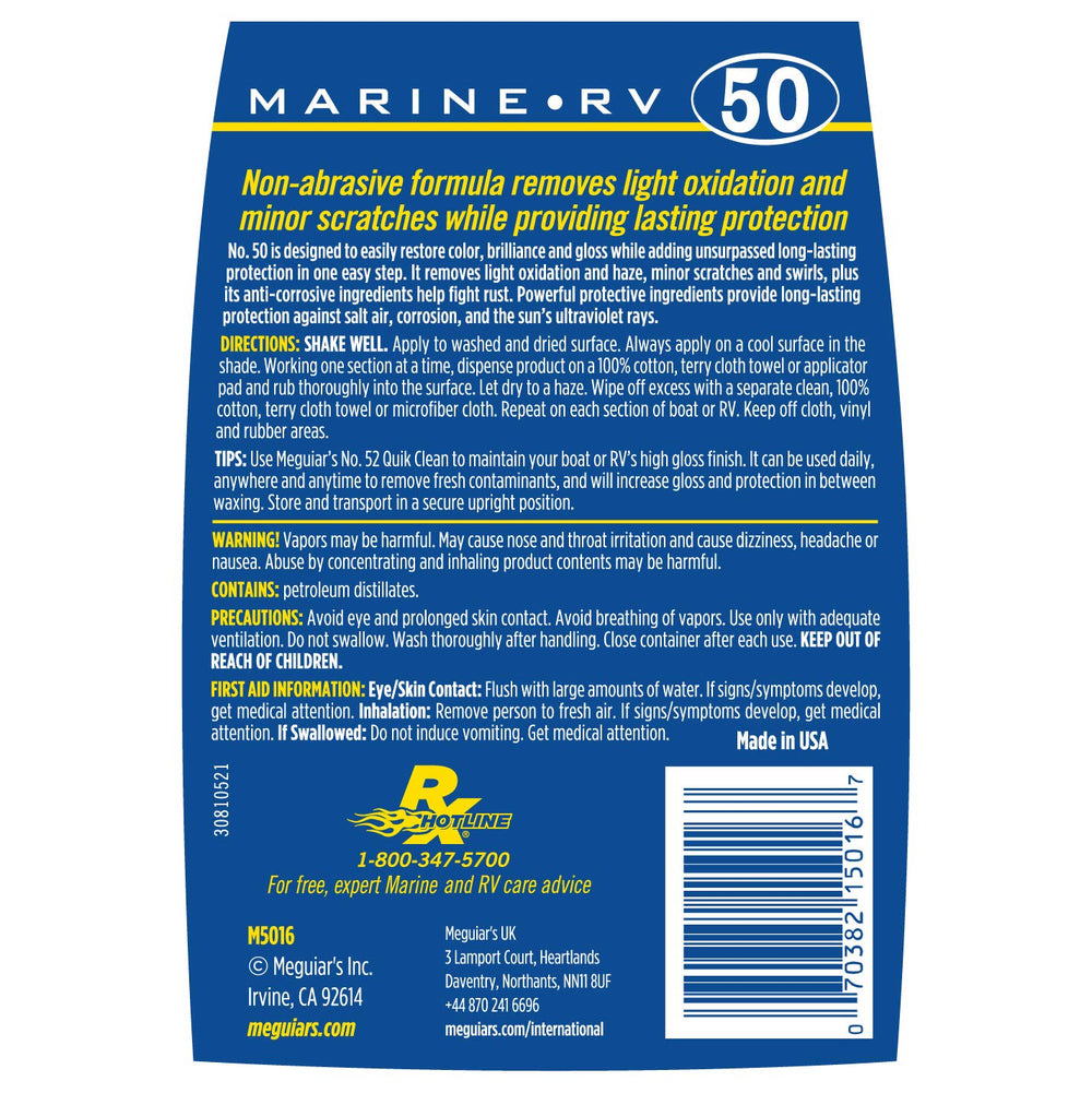 Meguiar's Marine/RV Once Step Wax applied on gel coat shows restored color and gloss.