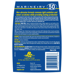 Meguiar's Marine/RV Once Step Wax applied on gel coat shows restored color and gloss.