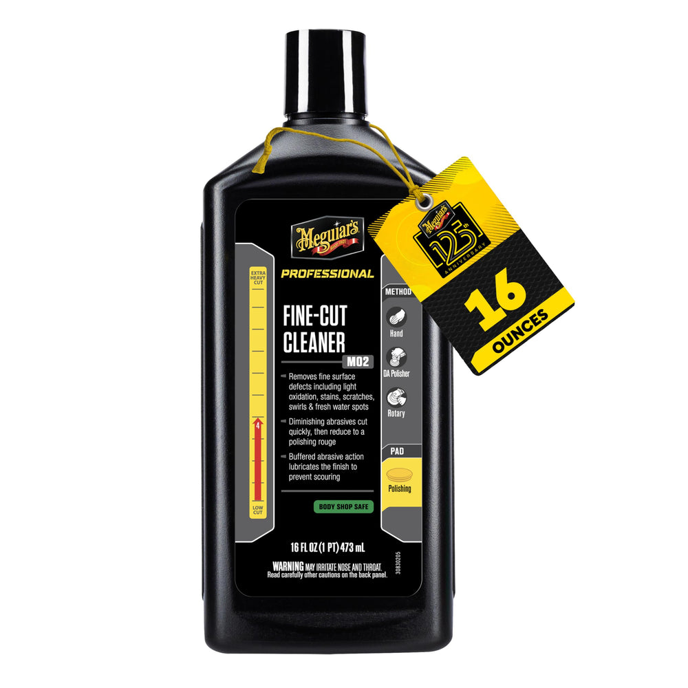 Meguiar's Mirror Glaze Fine-Cut Cleaner bottle ready for precise, swirl-free polishing.