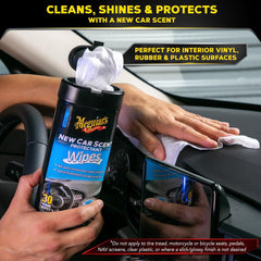 Meguiar's New Car Scent Protectant Wipes dash panel cleaning demonstrates deep clean and satin shine