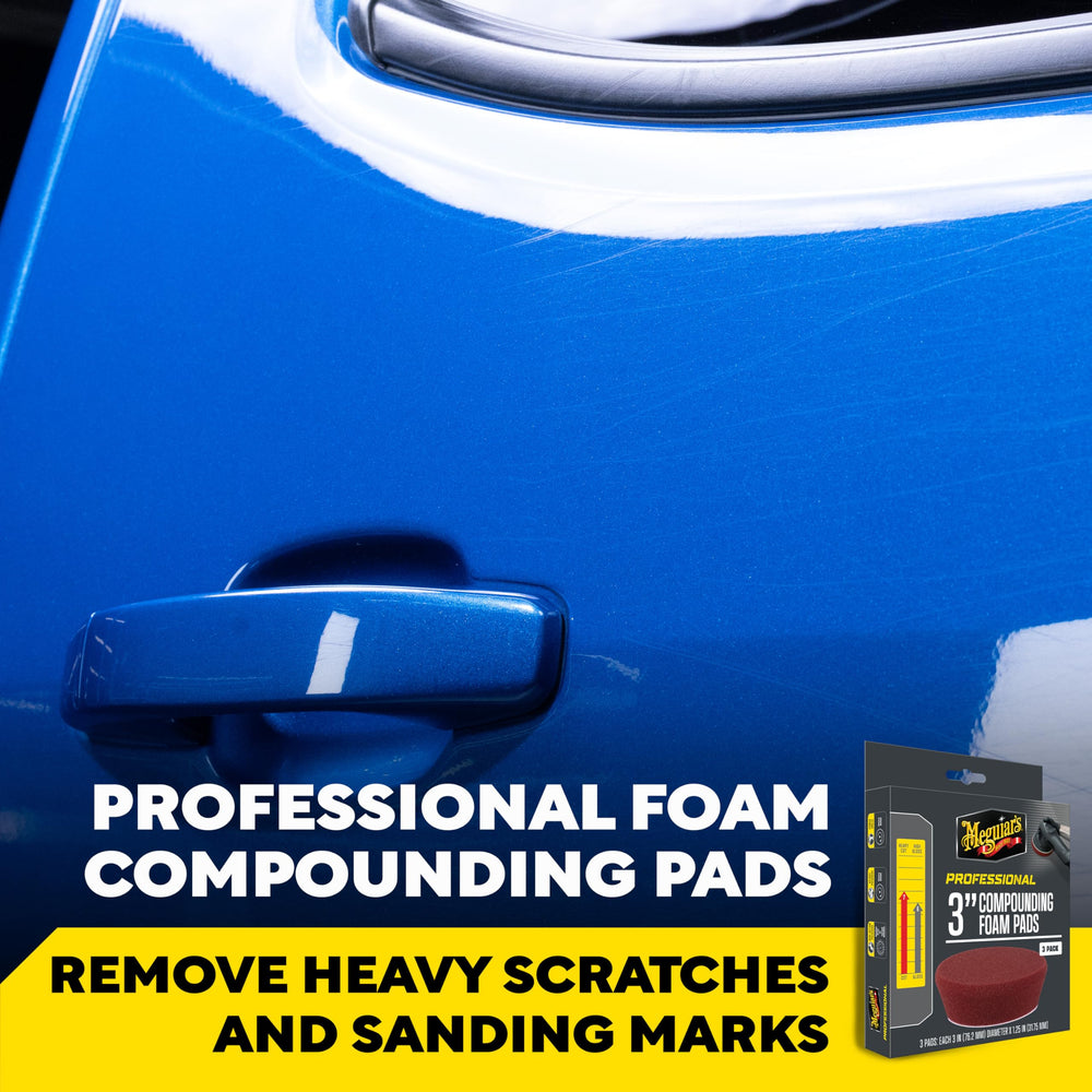 Three-pack Meguiar's 3-inch pads ready for efficient detailing sessions.