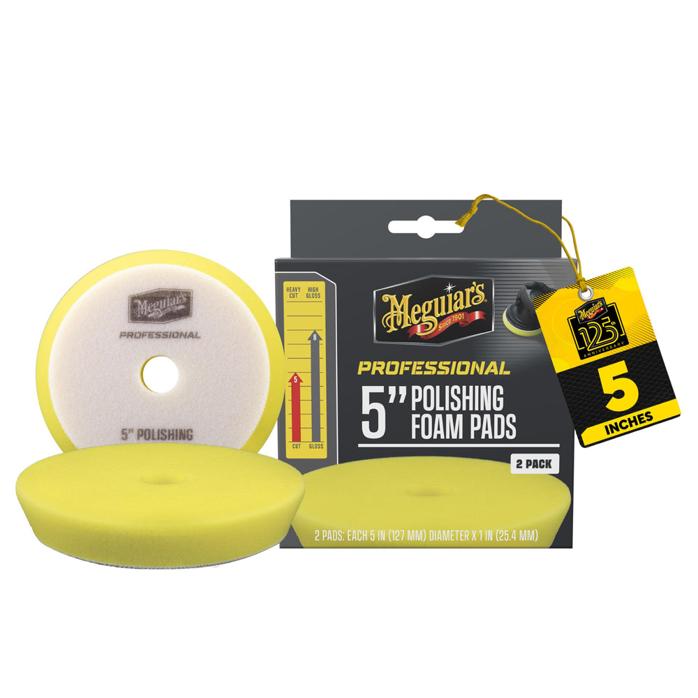 Meguiar's Professional 5-inch polishing pad in 2-pack packaging for light defect removal.
