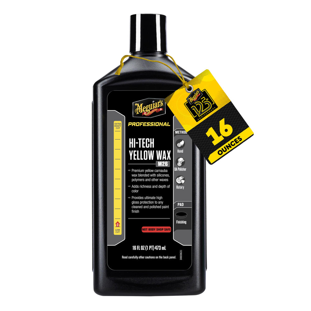 Meguiar's Professional Hi-Tech Yellow Wax bottle pour shows easy application and showroom-worthy shine.