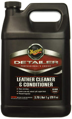 Meguiar's Professional Leather Cleaner bottle demonstrates deep cleaning for automotive leather.