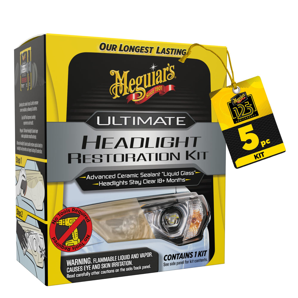 Meguiar's Ultimate Headlight Restoration Kit contents laid out for quick setup.