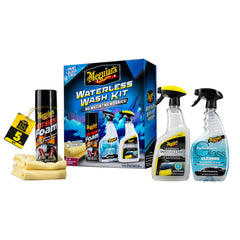 Meguiar's Waterless Wash Kit bottle with microfiber towels for easy detailing