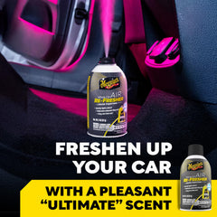 Meguiar's Ultimate odor-fighting mist dispersing through car cabin.