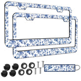 Meigfedam blue floral license frame highlights porcelain-inspired pattern for a chic car upgrade.