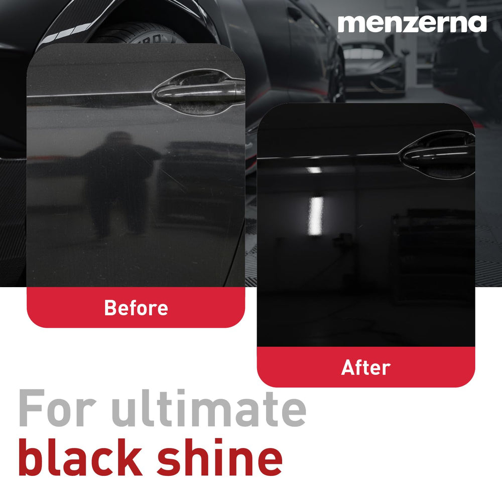 Menzerna Black Gloss & Protect before and after surface comparison showing depth