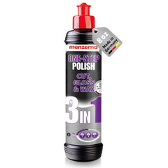 Menzerna One-Step Polish 3in1 bottle ready for use on a car surface.