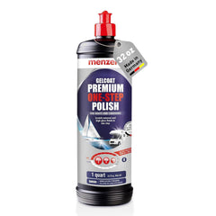 Menzerna Premium One Step Gelcoat Polish bottle delivers a glossy marine finish.