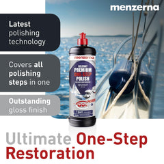 Swirl removal with Menzerna Premium One Step Gelcoat Polish on gelcoat surface.