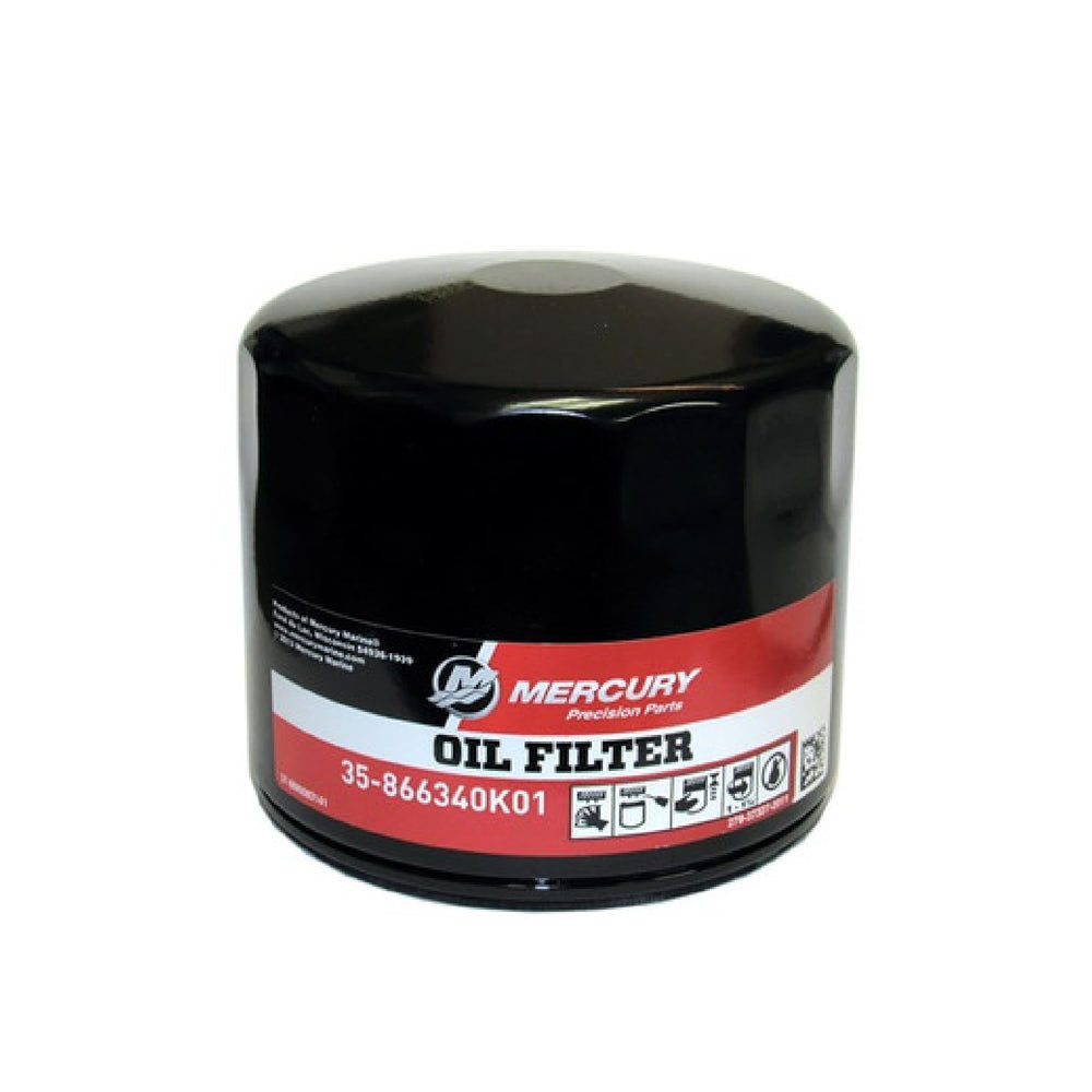 Mercury 866340K01 oil filter metal body detail for durability.