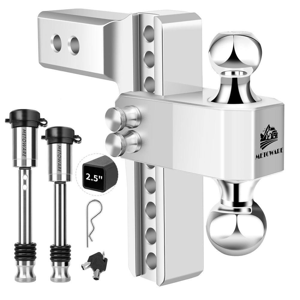 METOWARE adjustable trailer hitch mounted on a pickup with 2-5 inch receiver for versatile towing