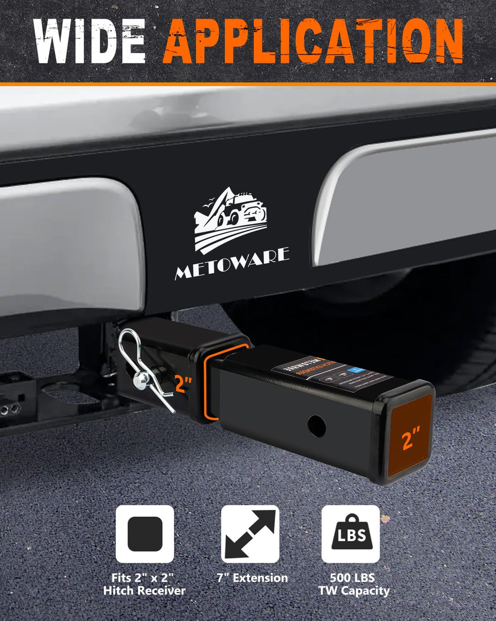 METOWARE 7in extender assembly with 5-8 pin and clip for quick secure attachment.