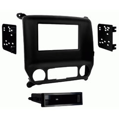 Metra 99-3014G kit components layout: trim panel, brackets, pocket, screws, ready for single-DIN