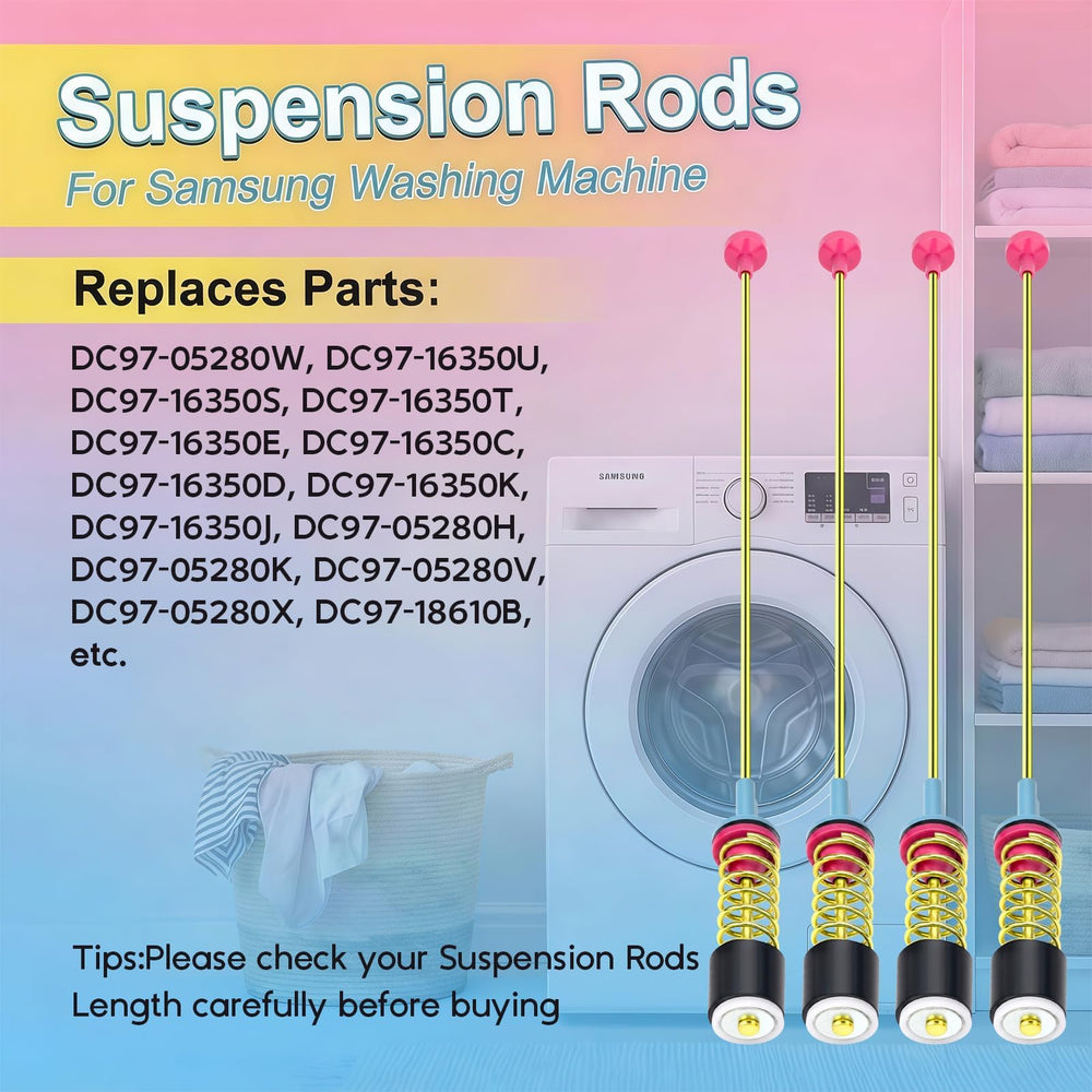 Mezvion four-piece rod pack ready for replacement on Samsung washers.