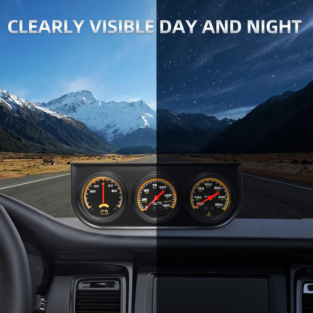 MH 52mm gauge cluster front view with backlit dials