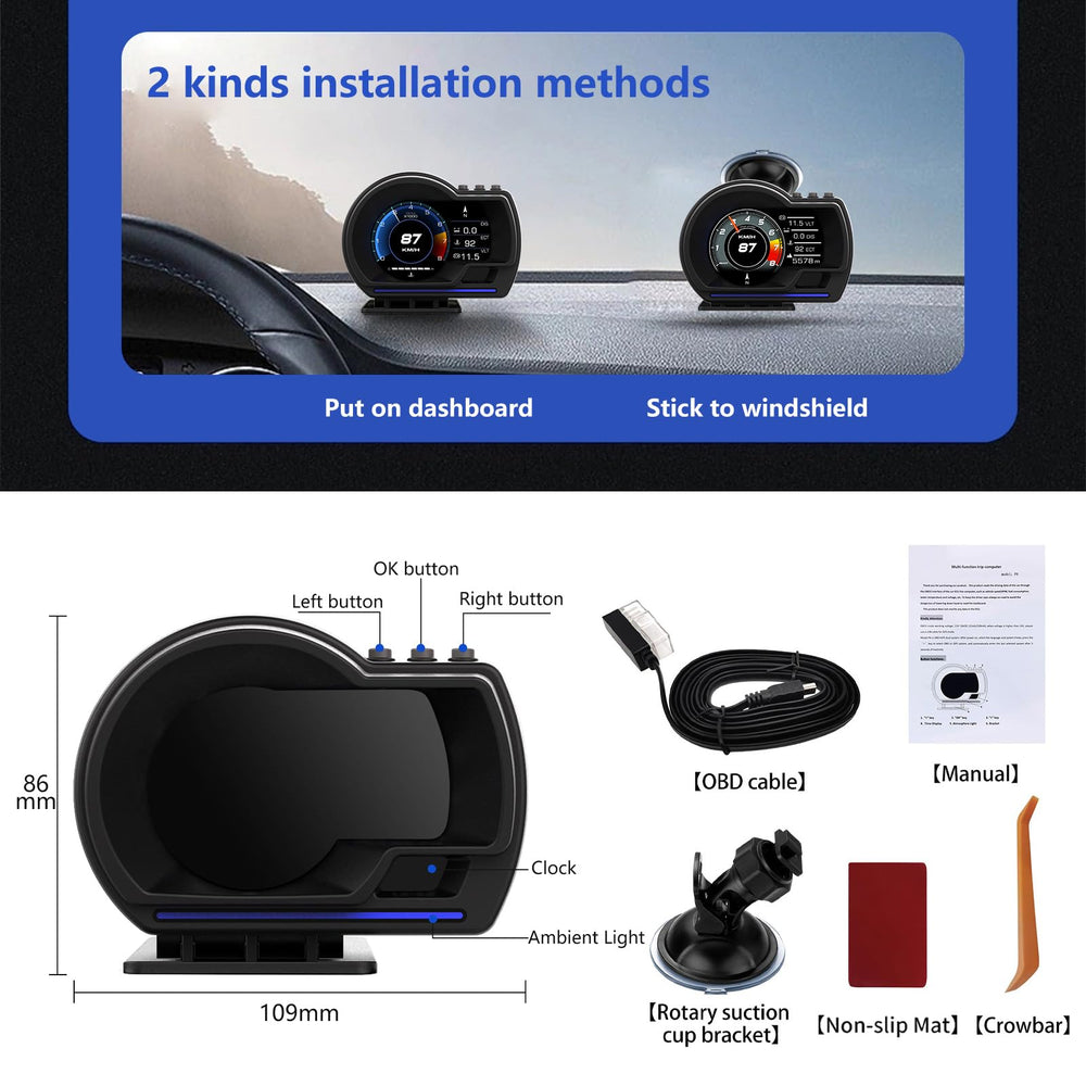 MH Head Up Display compact installation demonstrates easy dashboard mounting.