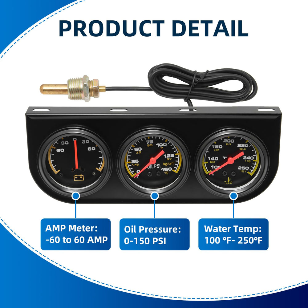 MH triple gauge set oil pressure dial monitors engine lubrication