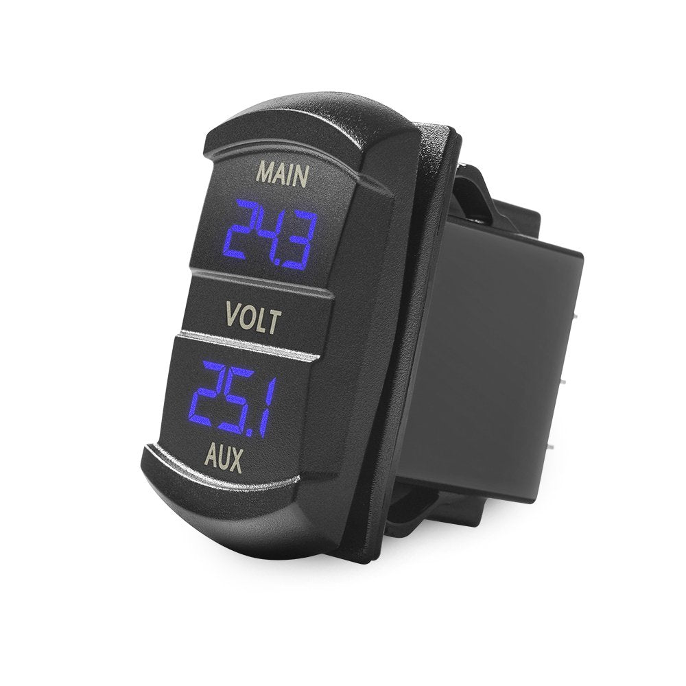 MICTUNING MIC-DV-077 dual voltmeter with blue LED display shows real-time voltage for two batteries