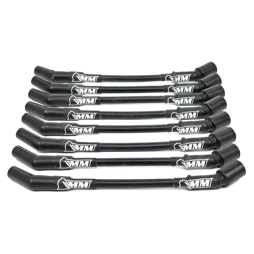 Michigan Motorsports LS spark plug wires close-up in black 10mm for strong ignition.