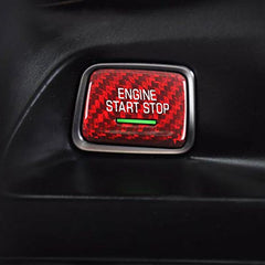 MICROCK red carbon fiber start/stop cover installed on dashboard for quick access.