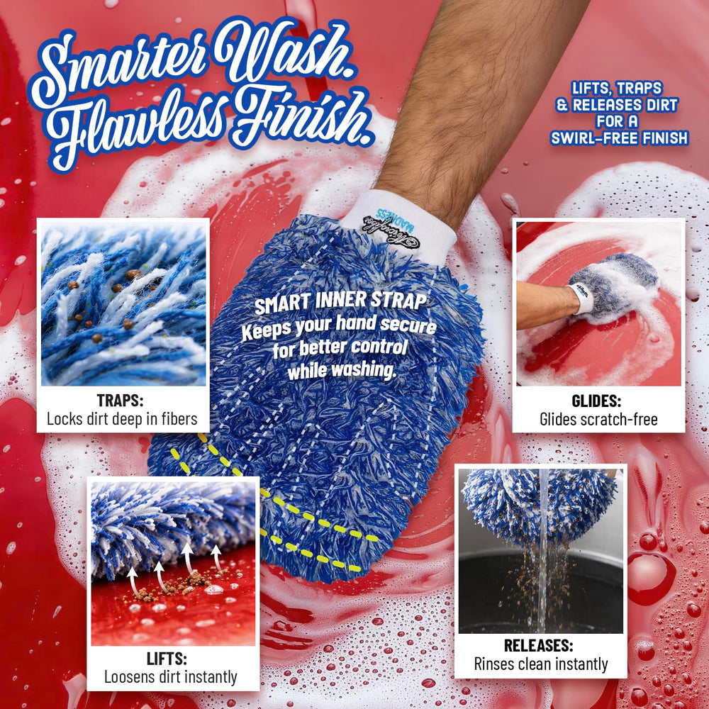 Secure strap keeps the Incredimitt firmly on the hand during washes.