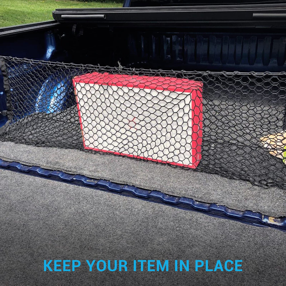 MICTUNING truck bed cargo net installation using metal carabiners for quick setup.