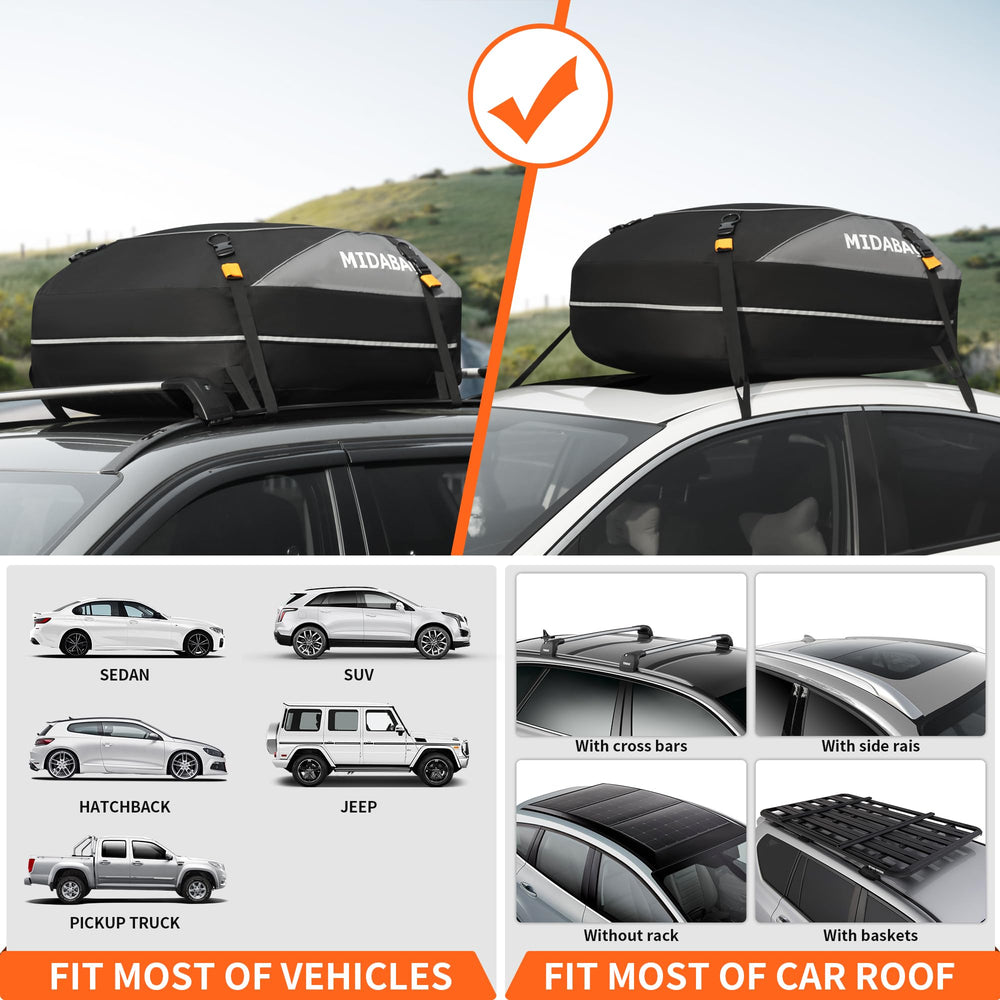 MIDABAO soft-sided roof bag on car demonstrates flexible storage