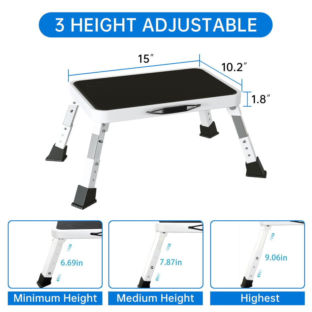 Mifami metal step stool adjustable height for reaching high shelves safely.