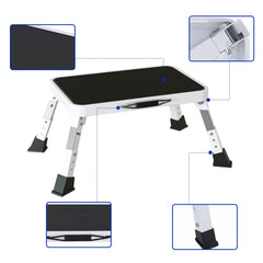 Mifami step stool folds with a portable handle for travel and storage.